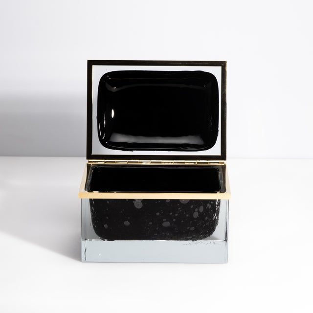 Hand Blown Murano Glass Box in Black With Bubbles and Brass Fittings For Sale - Image 4 of 12