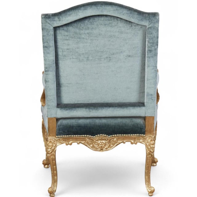 Dessin Fournir Quatrain for Dessin Fournir Louis XV Style Giltwood Fauteuil Arm Chair W Blue Silk Velvet For Sale - Image 4 of 6
