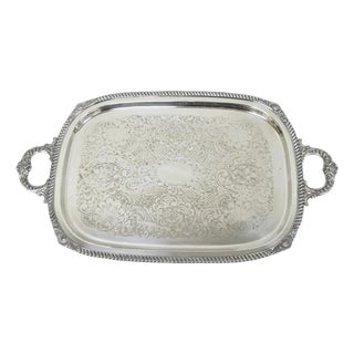 English Victorian Silver Plated Twin Handle Butlers Serving Platter Bar Tray For Sale