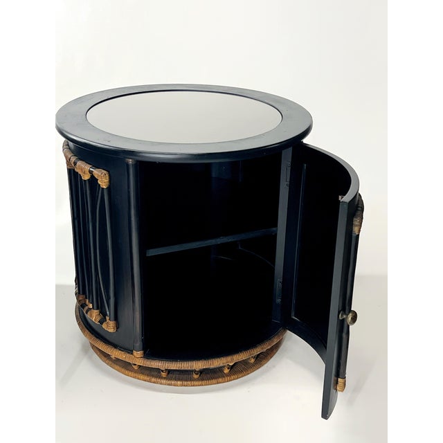 Boho Chic Pair of Oversized Round Bamboo and Rattan Nightstands or Accent Tables For Sale - Image 3 of 12