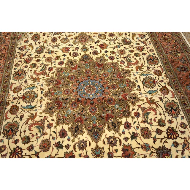 Persian 1940s Ivory Medallion Antique Persian Tabriz Rug Silk Highlights 5'11" X 9'6" Handknotted Wool Carpet For Sale - Image 3 of 6