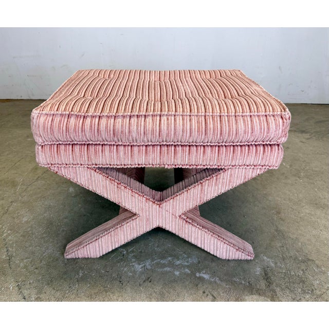 Wood Pair of 1970’s Billy Baldwin Style X Base Upholstered Benches / Ottomans / Stools For Sale - Image 7 of 12