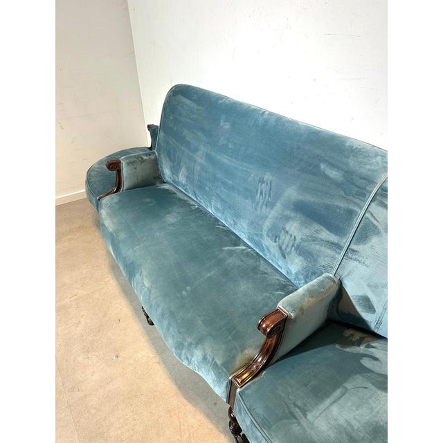 Antique Victorian Style Blue Velvet Sofa For Sale - Image 4 of 6