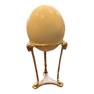 Vintage Ostrich Egg in Rams Head Brass Stand For Sale