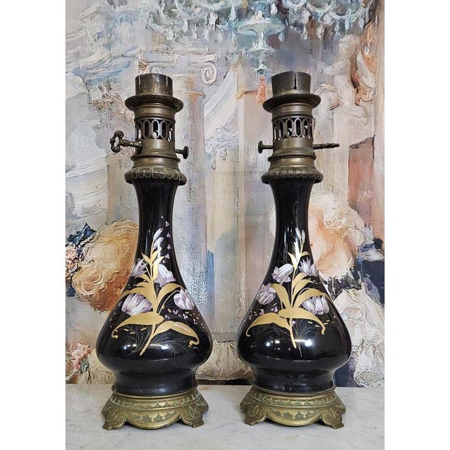 Napoleon III Lamps with Black Enameled Porcelain Stems, Set of 2 For Sale - Image 3 of 8