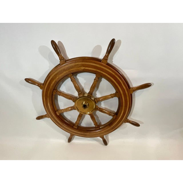 Brown Ships Wheel with Brass Hub and Inlay For Sale - Image 8 of 11