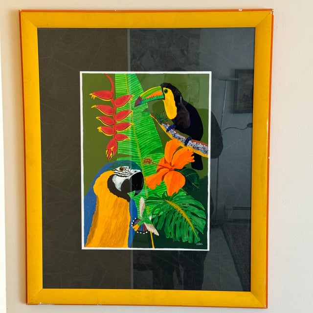 A lively signed print by Y. Hughs of a tropics scene with Toucans. The mattboard is also a special print of leaves. And...