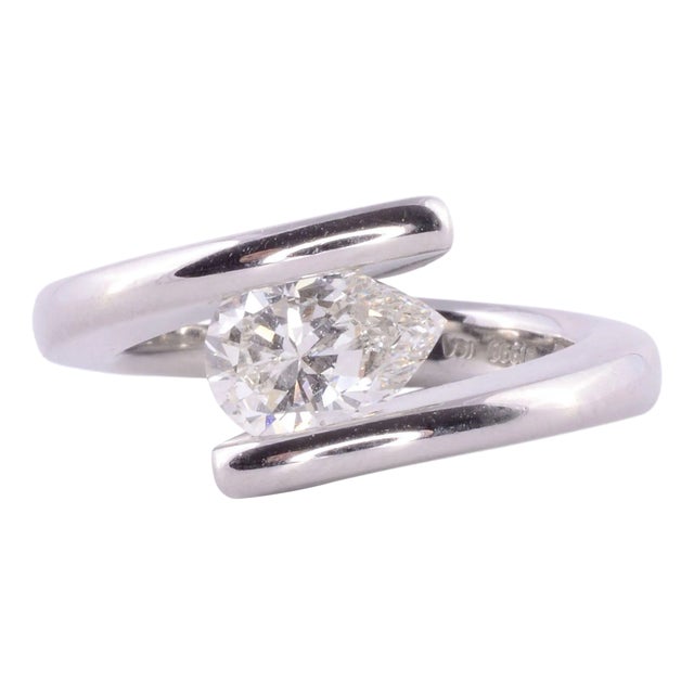 1990s Steven Kretchmer 1 Carat Pear Diamond Platinum Helix Engagement Ring, Size 5.25 For Sale