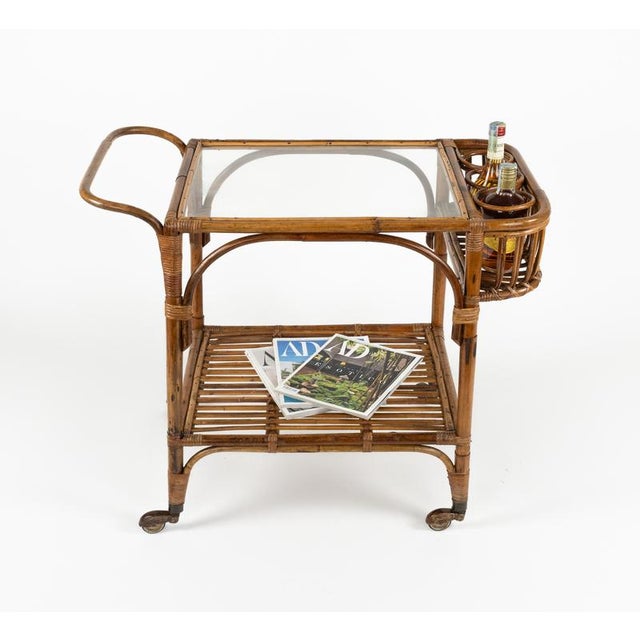 Mid-Century Bamboo, Rattan and Glass Serving Bar Cart in the style of Franco Albini, Italy, 1960s For Sale - Image 15 of 18