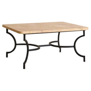 French Hand-Forged Wrought Iron + Ochre Marble Coffee Table, 1950s