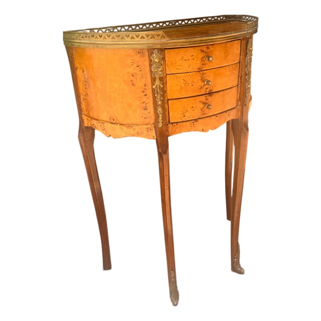 Mid-20th Century Vintage French Louis XV Style Burl Wood Demilune Side Table With Brass Gallery For Sale