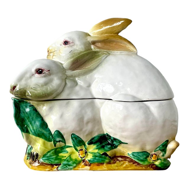 Vintage Regency Italian Glazed Ceramic Rabbit Lidded Casserole For Sale
