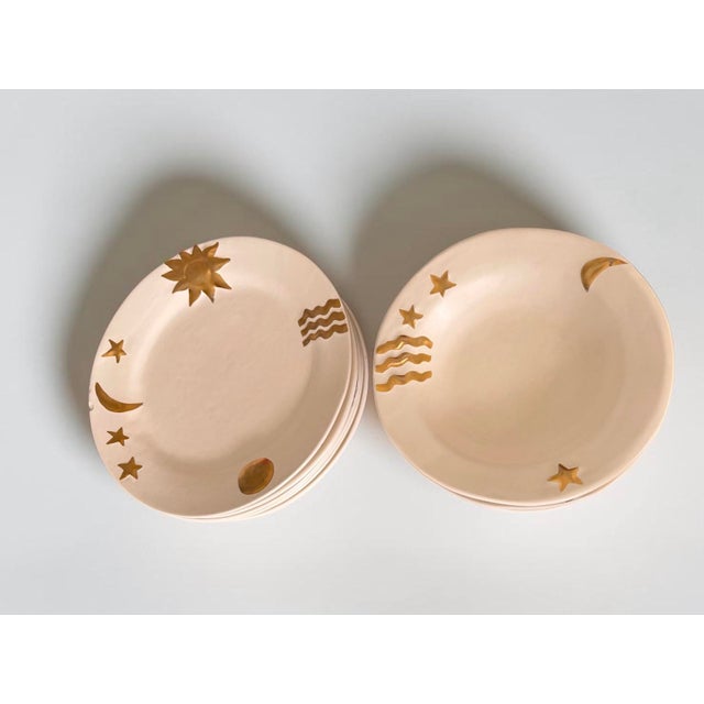 Boho Chic 1980s Julie Sanders Cyclamen Pottery Celestial Gold Moon Stars Set of 6 Bowls & Plates (12 Pieces) For Sale - Image 3 of 12