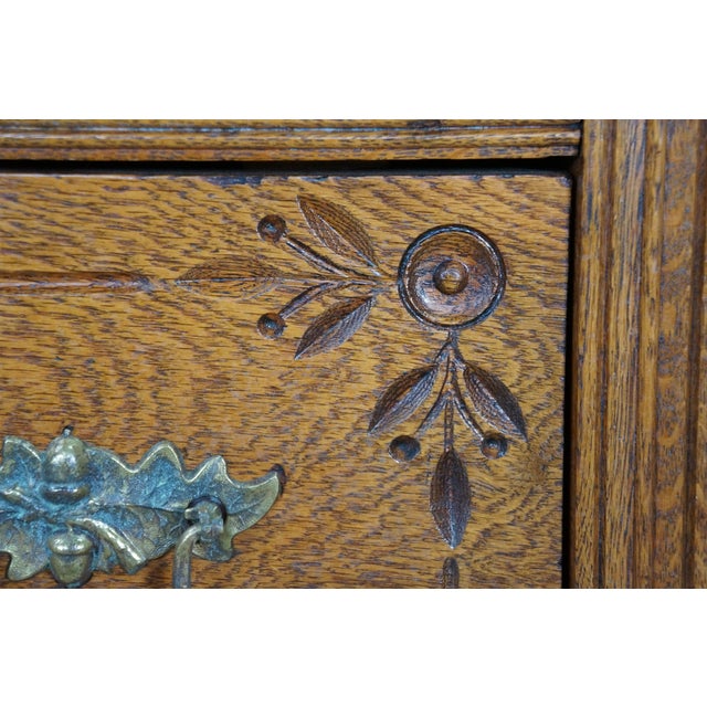 Antique Victorian Eastlake Oak Three Drawer Carved Dresser Chest Casters 43" For Sale - Image 10 of 18