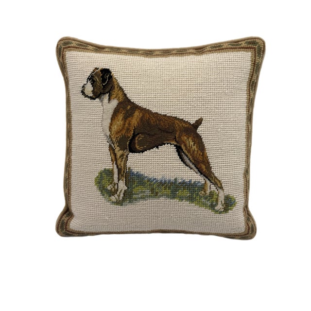 Ivory Vintage Decorative Needlepoint Boxer Pillow With Down Insert For Sale - Image 8 of 9