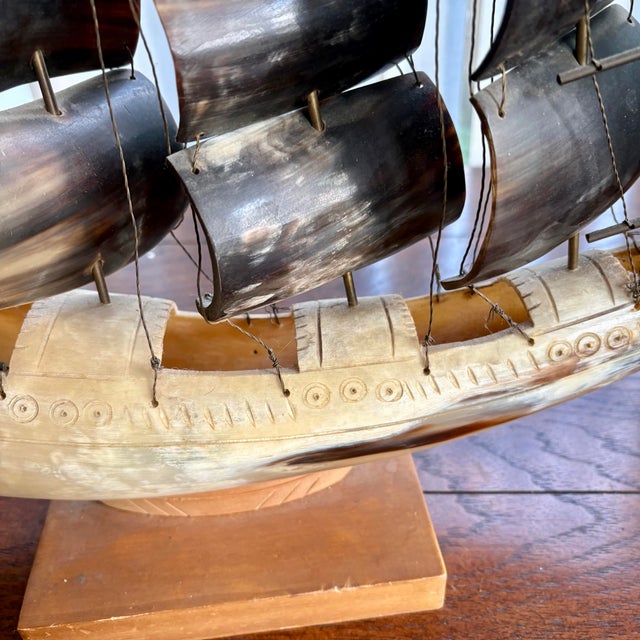 Bone Large Vintage Carved Horn Ship Sculpture on Wooden Base For Sale - Image 7 of 12