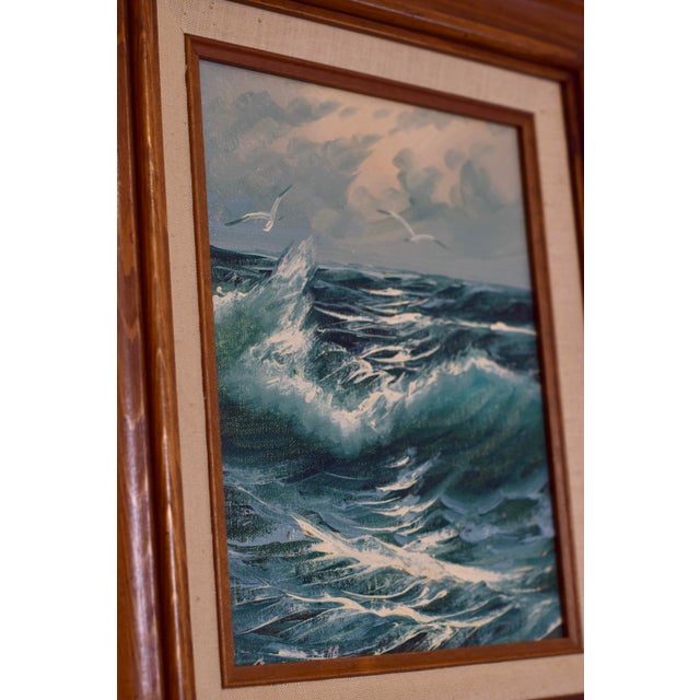 Mid-Century Modern Vintage Original Oil Painting, Framed, Seascape With Seagulls For Sale - Image 3 of 6