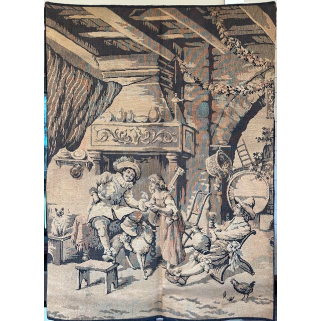 Large Aubusson style tapestry made in France circa 1920s with a scene of a man holding a woman’s hand while she holds a...