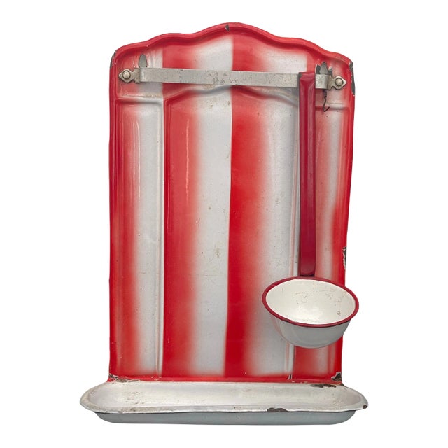 Early 20th Century Vintage Red and White Stripe French Enamelware Utensil Holder/Hanger With Ladle For Sale