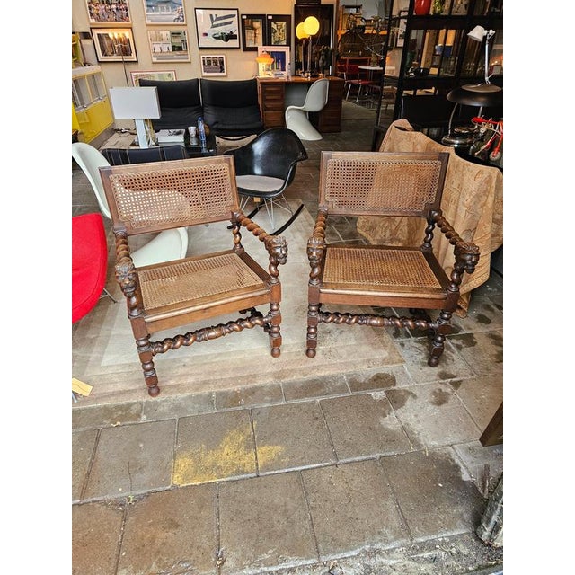 Early 20th Century Jacobean Oak Lionel Head Armchairs with Webbing, Set of 2 For Sale - Image 12 of 12