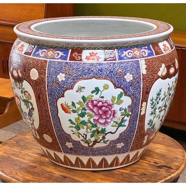 Vintage Painted & Glazed Large Scale Chinese Porcelain Fish Bowl W/ Peony Flowers & Butterflies For Sale - Image 4 of 11
