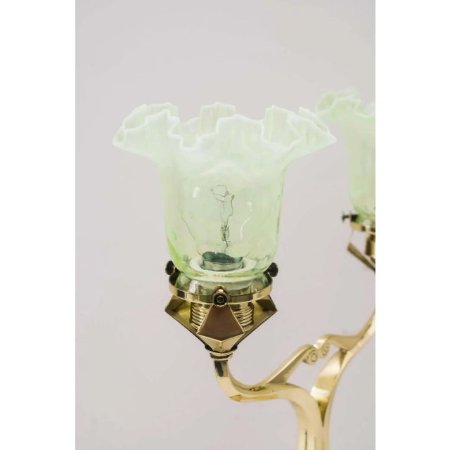 Rare charming solid table lamp with beautiful opaline glass shade polished and stove enamelled. European Plug (up to...