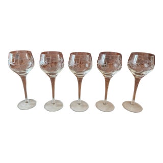 Set of 5 Vintage Etched Wine Glasses For Sale