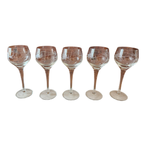 Set of 5 Vintage Etched Wine Glasses