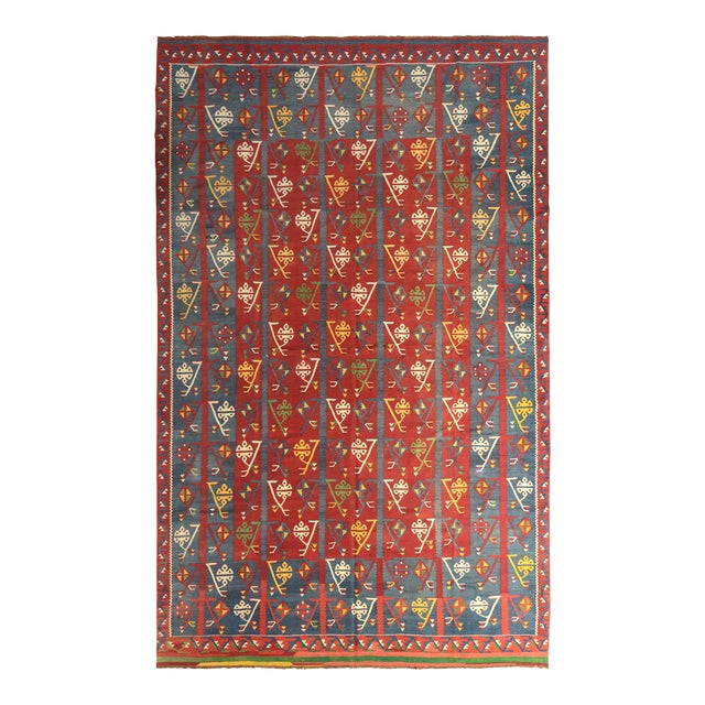 Handwoven Antique Kilim Rug in Red and Blue Geometric All Over Pattern For Sale