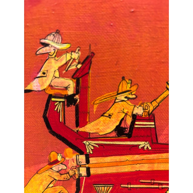 Pair of Signed 1972 Whimsical Folk Paintings on Stretched Canvas – Fire Truck & Marching Band (Pair For Sale - Image 12 of 18