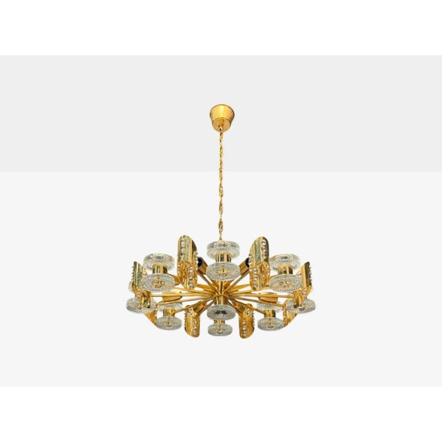 Orrefors, Scandinavian Modern, Brass, Glass, Chandelier, Sweden, 1960s Swedish modern chandelier in brass, glass and...