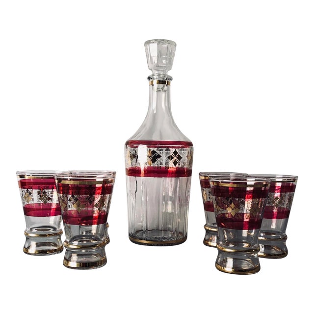 Vintage Midcentury Style Decanter and Glasses 7 Pieces Set For Sale