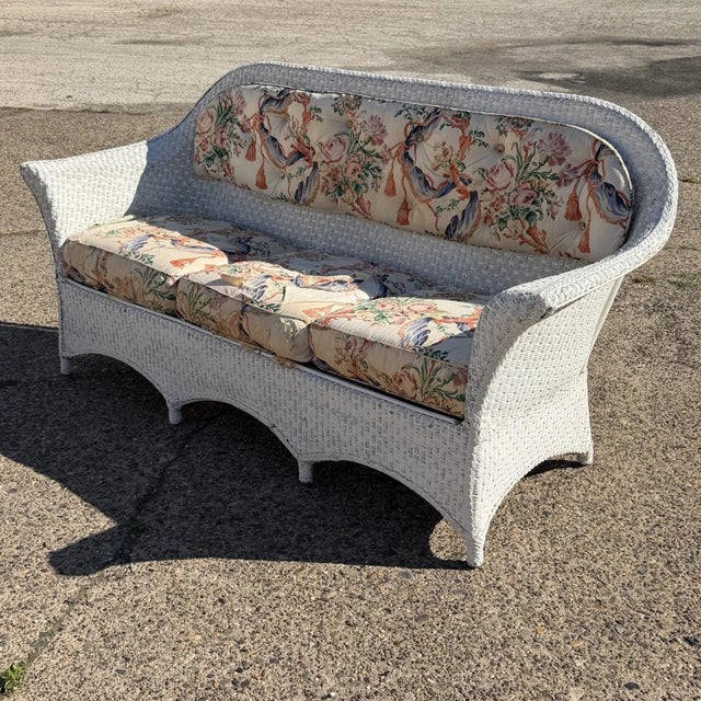 Antique Victorian White Wicker Rattan Sunroom Patio Sofa w/ Loose Cushions. Circa Early 20th Century. Measurements: 37" H...