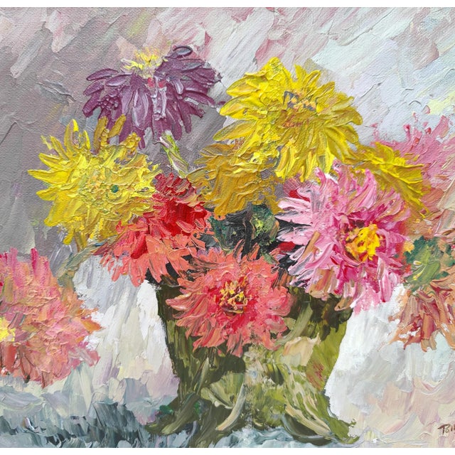 A beautiful mid 20th century painting in a impressionist style with heavy impasto paint of a vase of dahlia flowers. It is...