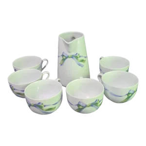 1990s Porcelain Jacques Coeur Tea Coffee Hot Coco Pitcher and Cups Blue and Green Ribbon Set- 7 Pieces
