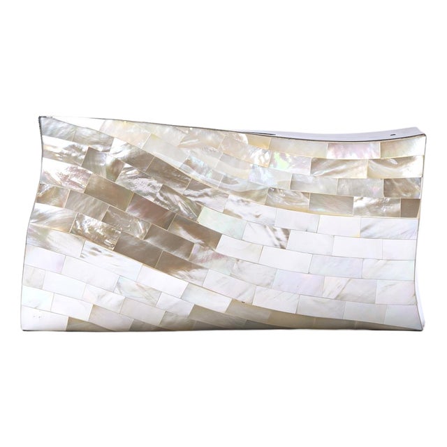 Bilbao Curved Minaudiere in White Shell and Stainless Steel For Sale