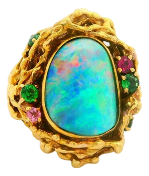 Boulder Opal Multi-Colored Gemstones 18k Gold Cocktail Ring, Size 6