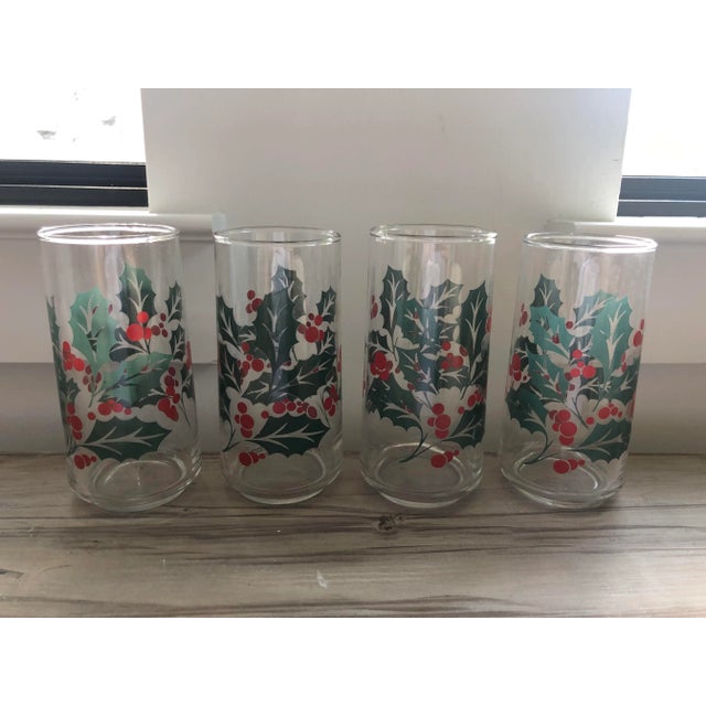 Vintage Indiana Glass Holiday Holly Leaves & Berries Glass Set-4 Glasses For Sale In Houston - Image 6 of 6
