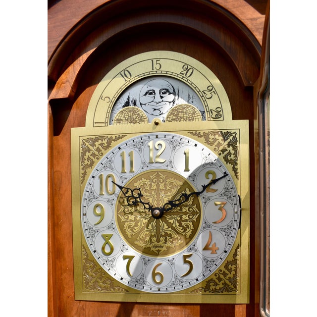 Vintage Daneker Grandfather Clock Cherry Moon Phase Chime Beveled Glass For Sale - Image 11 of 18