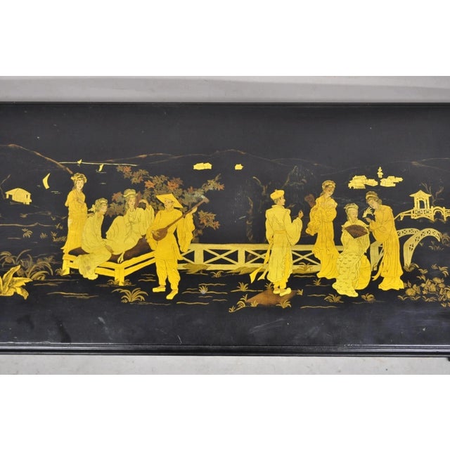 Chinoiserie Vintage Chinoiserie Oriental Black Lacquer Gold Gilt Trestle Bench Coffee Table For Sale - Image 3 of 12