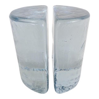 Vintage Blenko Ice Blue Half Moon Bookends For Sale