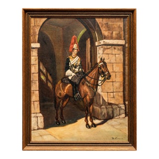 1930s Stately Ceremonial Guard British Military Soldier on Horse Royal Mews Oil Painting Art Home Wall Decor For Sale