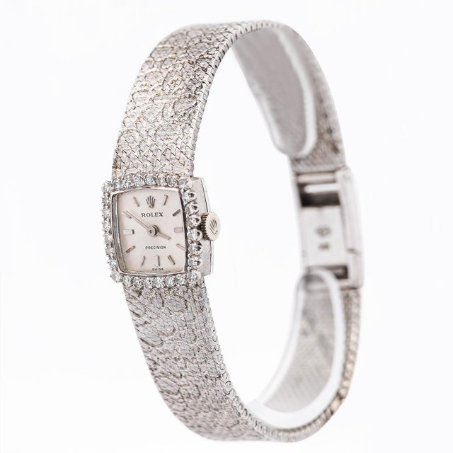 Contemporary Rolex Precision 18k White Gold 18mm Diamond Bezel Watch For Sale - Image 3 of 12