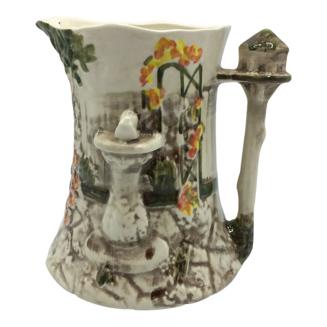 Majolica Garden Scene Jug Pitcher by Flora & Fauna Staffordshire Style England For Sale