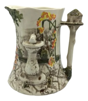 Majolica Garden Scene Jug Pitcher by Flora & Fauna Staffordshire Style England