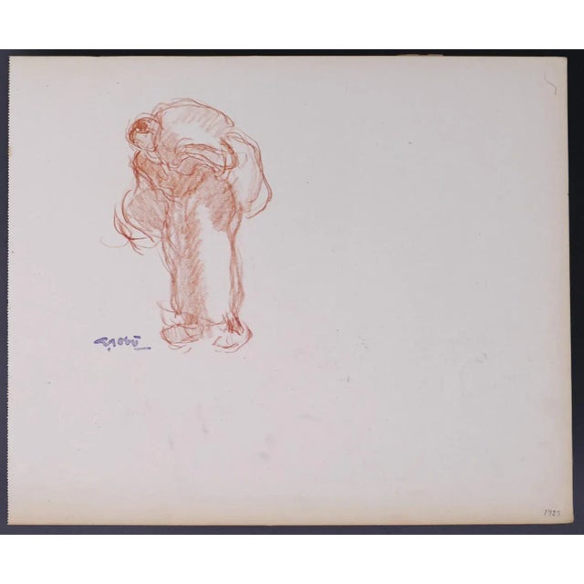 Woman carrying the burden is an original sanguine drawing on thick serrated sheet on the left side, realized at the...