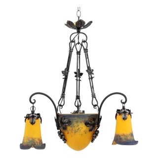 French Art Glass and Wrought Iron Chandelier For Sale