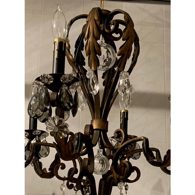 French Country 1950s French Iron & Crystal Chandelier For Sale - Image 3 of 13