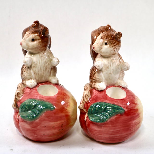 Farmhouse 1990 Fitz and Floyd Ceramic Squirrel Candle Holders For Sale - Image 3 of 9