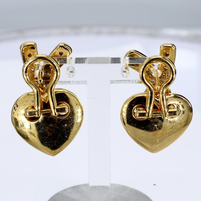 Late 20th Century Pair of 18k Yellow Gold Heart Shaped Earrings With Diamond Accents For Sale - Image 4 of 4